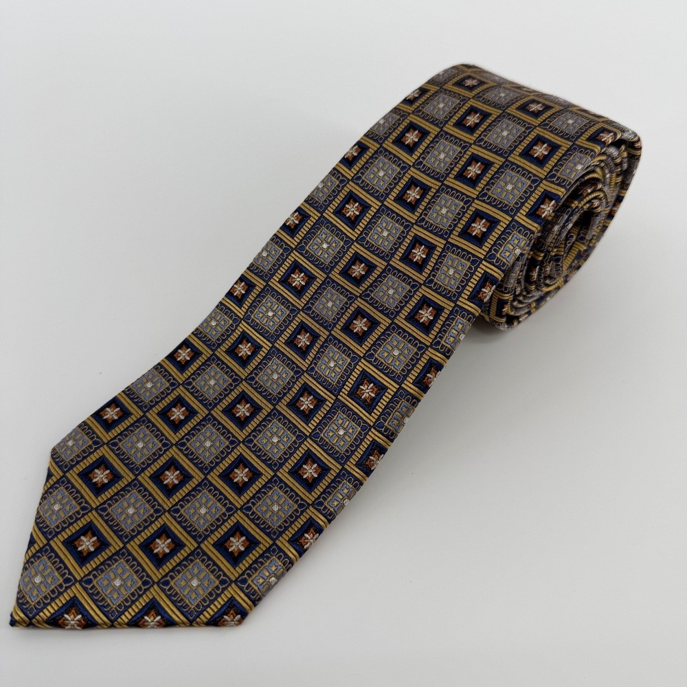 Jos. A. Bank Necktie Mens OS Gold Navy Blue Signature Geometric Medallion Silk